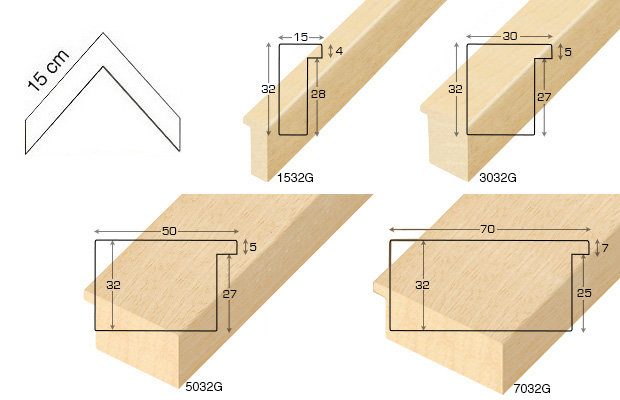 Komplette Eckmusterserie von rohen Leisten Höhe 32 mm (6 muster)