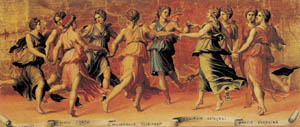 Poster auf Keilrahmen: Romano: Apollo e le muse 140x60