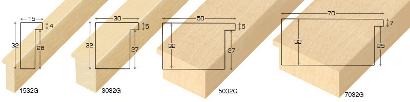 Komplette Eckmusterserie von rohen Leisten Höhe 32 mm (6 muster)