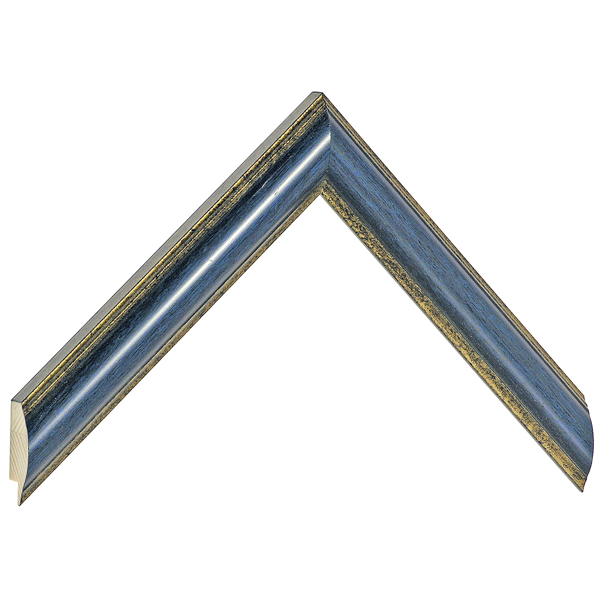Bilderleiste keilgezinkte Pinie 25mm breit 19 hoch Blau mit Goldlinie - Musterwinkel