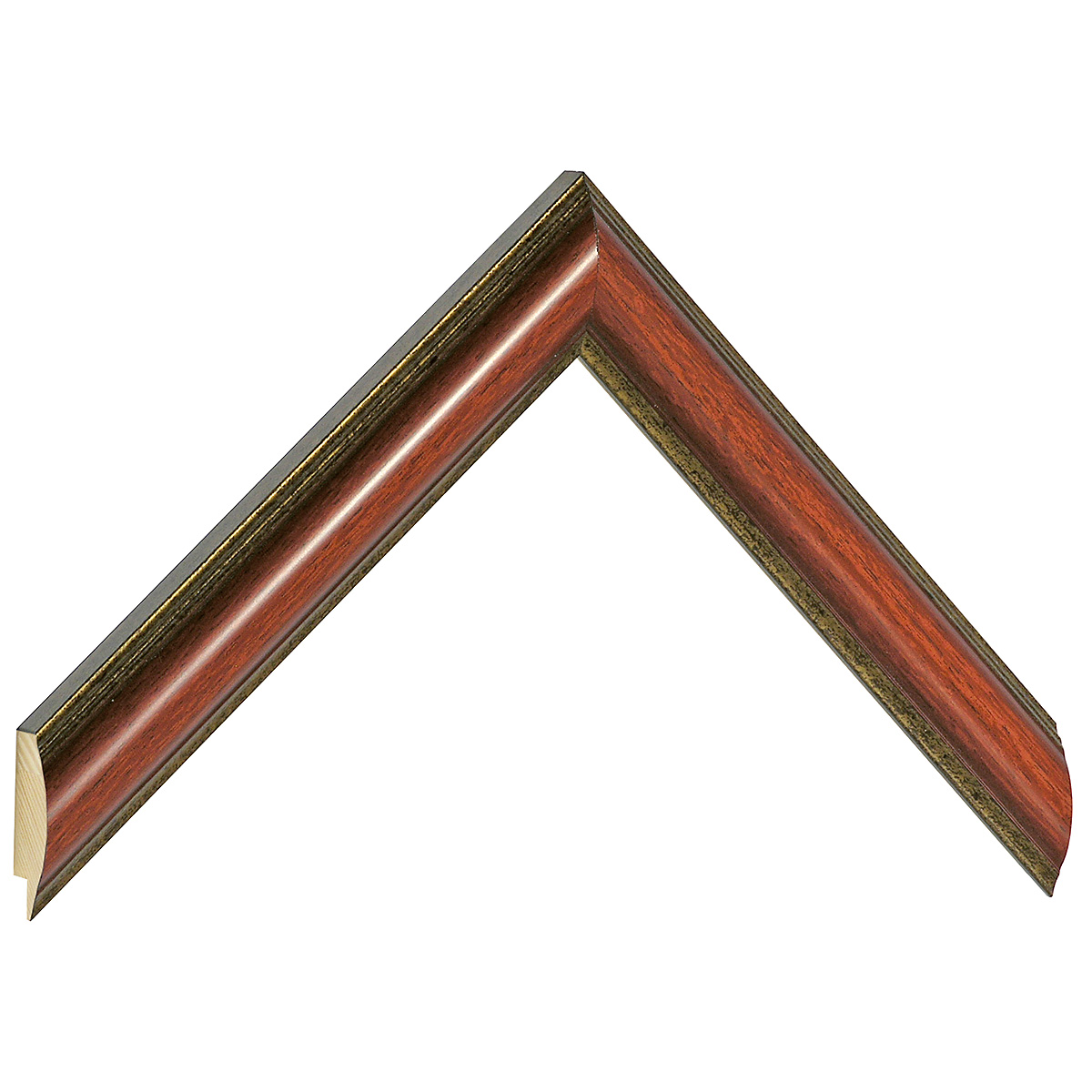 Bilderleiste keilgezinkte Pinie 25mm breit 19 hoch Mahagoni m. Goldlinie - Musterwinkel