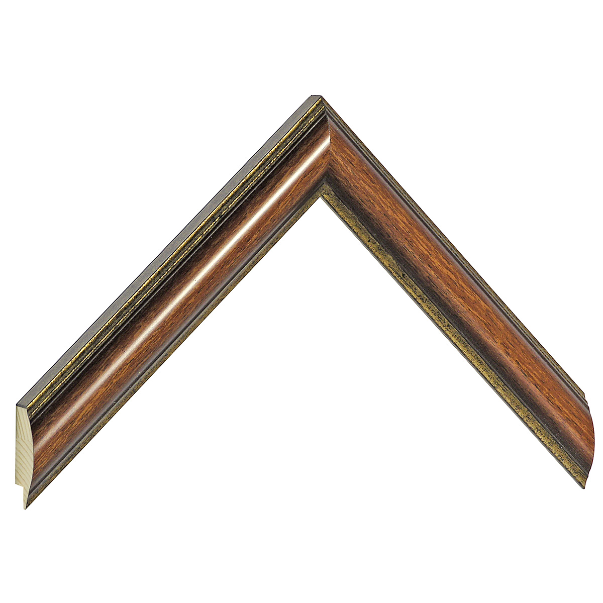 Bilderleiste keilgezinkte Pinie 25mm breit 19 hoch Braun mit Goldlinie - Musterwinkel