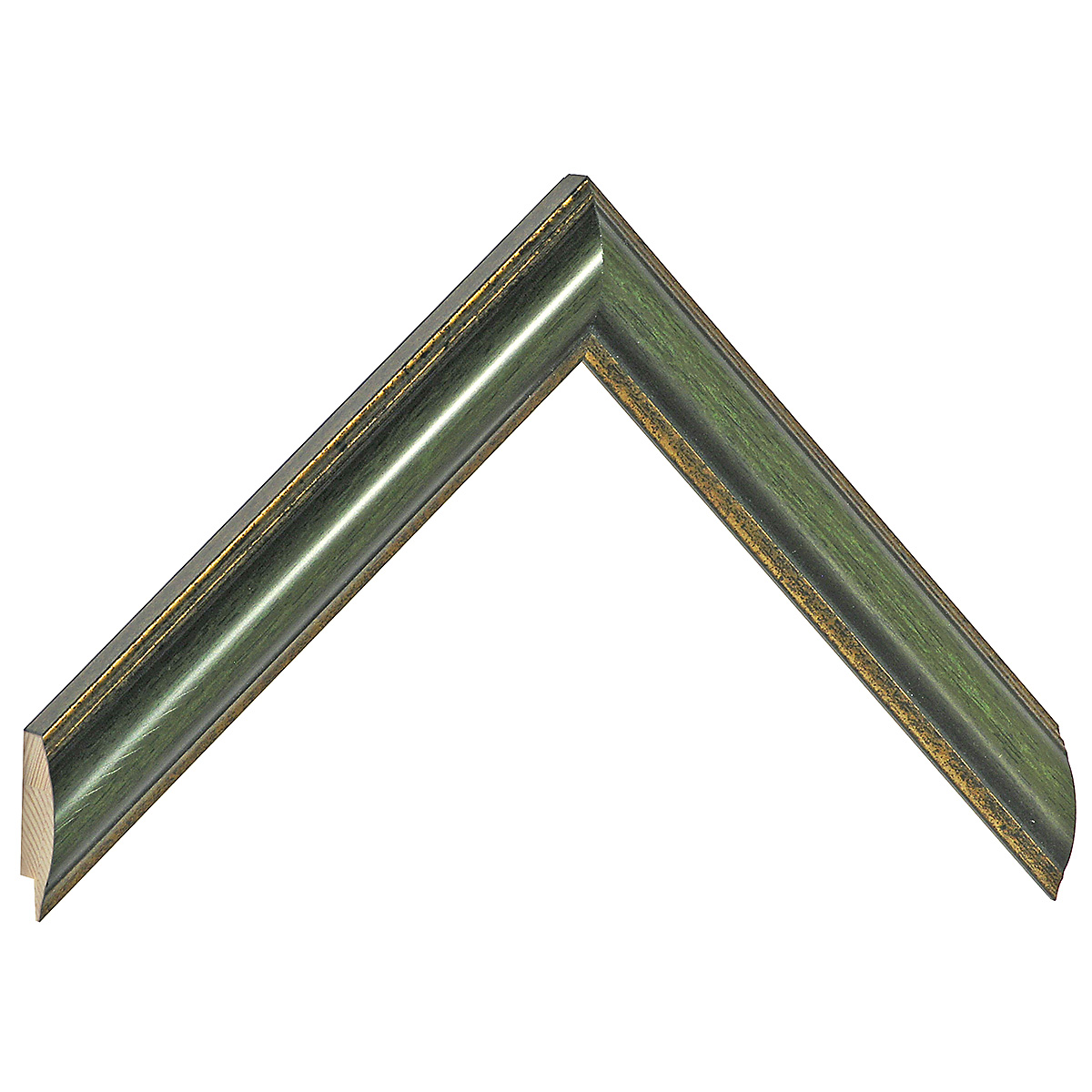 Bilderleiste keilgezinkte Pinie 25mm breit 19 hoch Grün mit Goldlinie - Musterwinkel