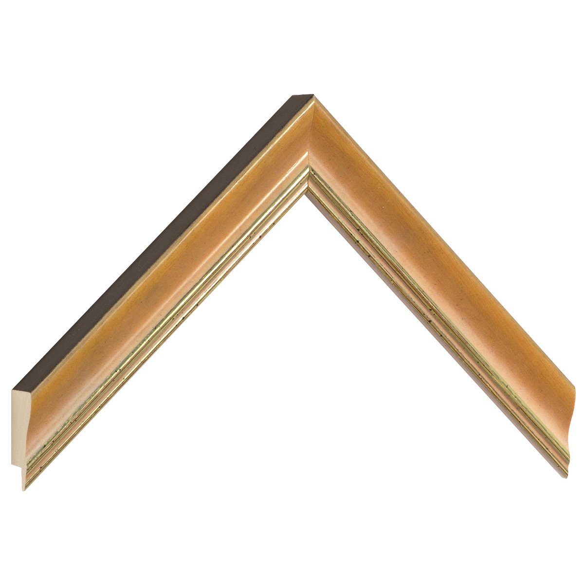 Bilderleiste keilgezinkte Pinie 25 mm breit 21 hoch Ocker mit Goldlinie - Musterwinkel