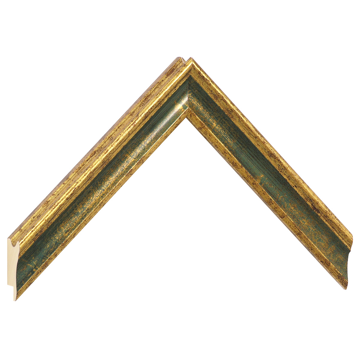 Bilderleiste keilgezinkte Pinie 25 mm breit 23 hoch - Gold grüne Rille - Musterwinkel