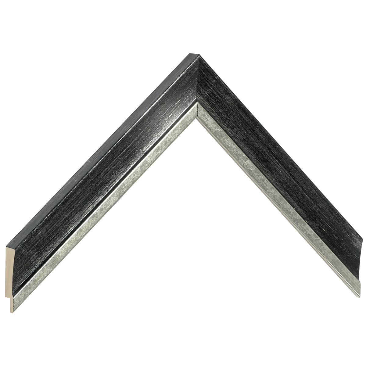 Bilderleiste keilgezinkte Pinie 25 mm breit - Schwarz mit Silberlinie - Musterwinkel