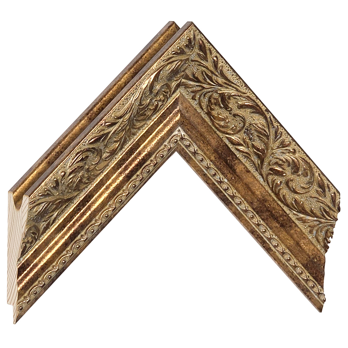 Bilderleiste keilgezinkte Kiefer 57mm breit 38 hoch - Altgold mit Dekor - Musterwinkel