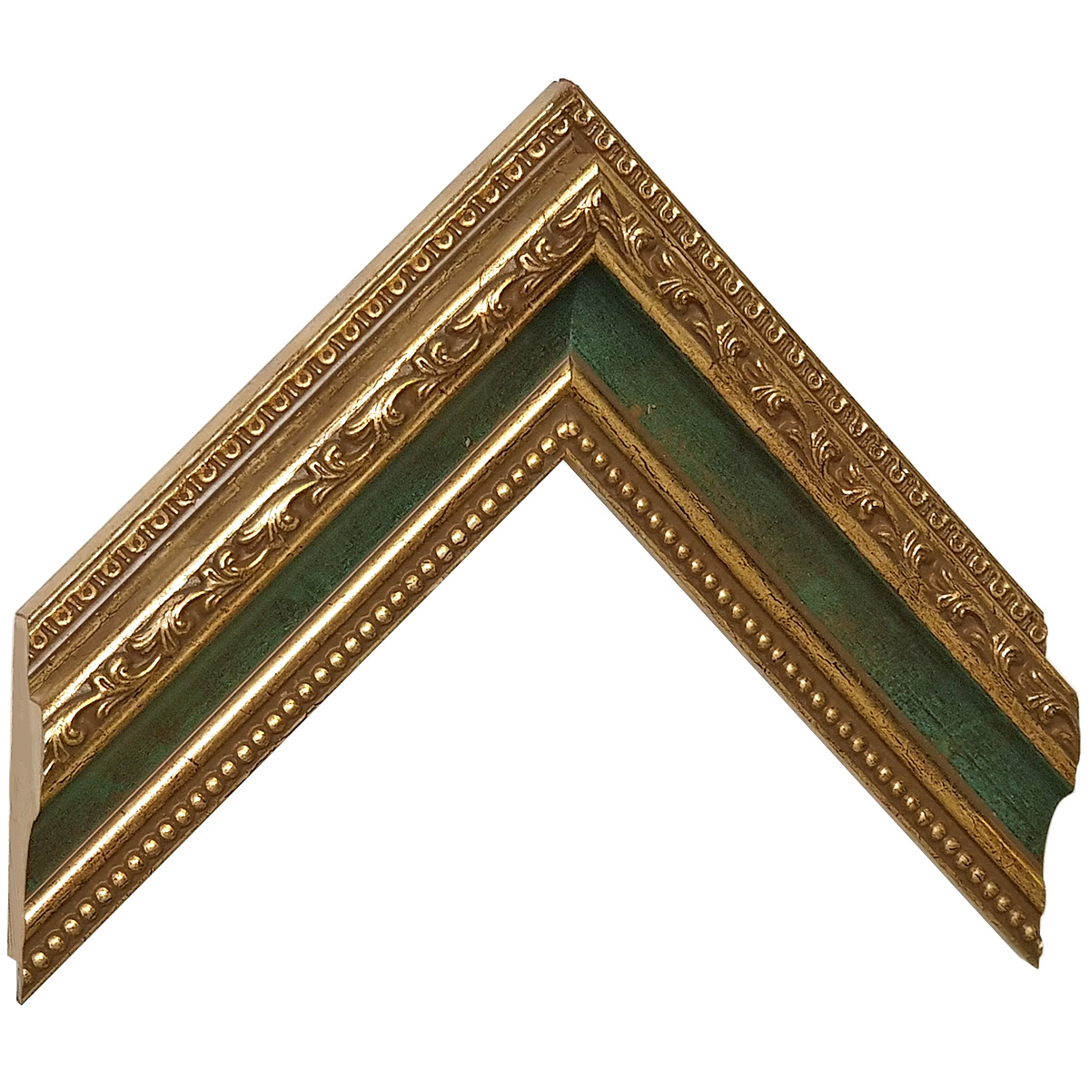 Bilderleiste keilgezinkte Pinie 53mm breit 35hoch - Gold grüne Rille v - Musterwinkel