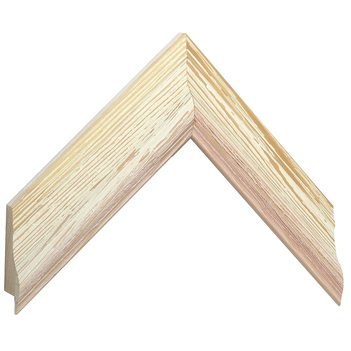 Bilderleiste keilgezinkte Pinie 44 mm breit gekälkt weissbeige - Musterwinkel